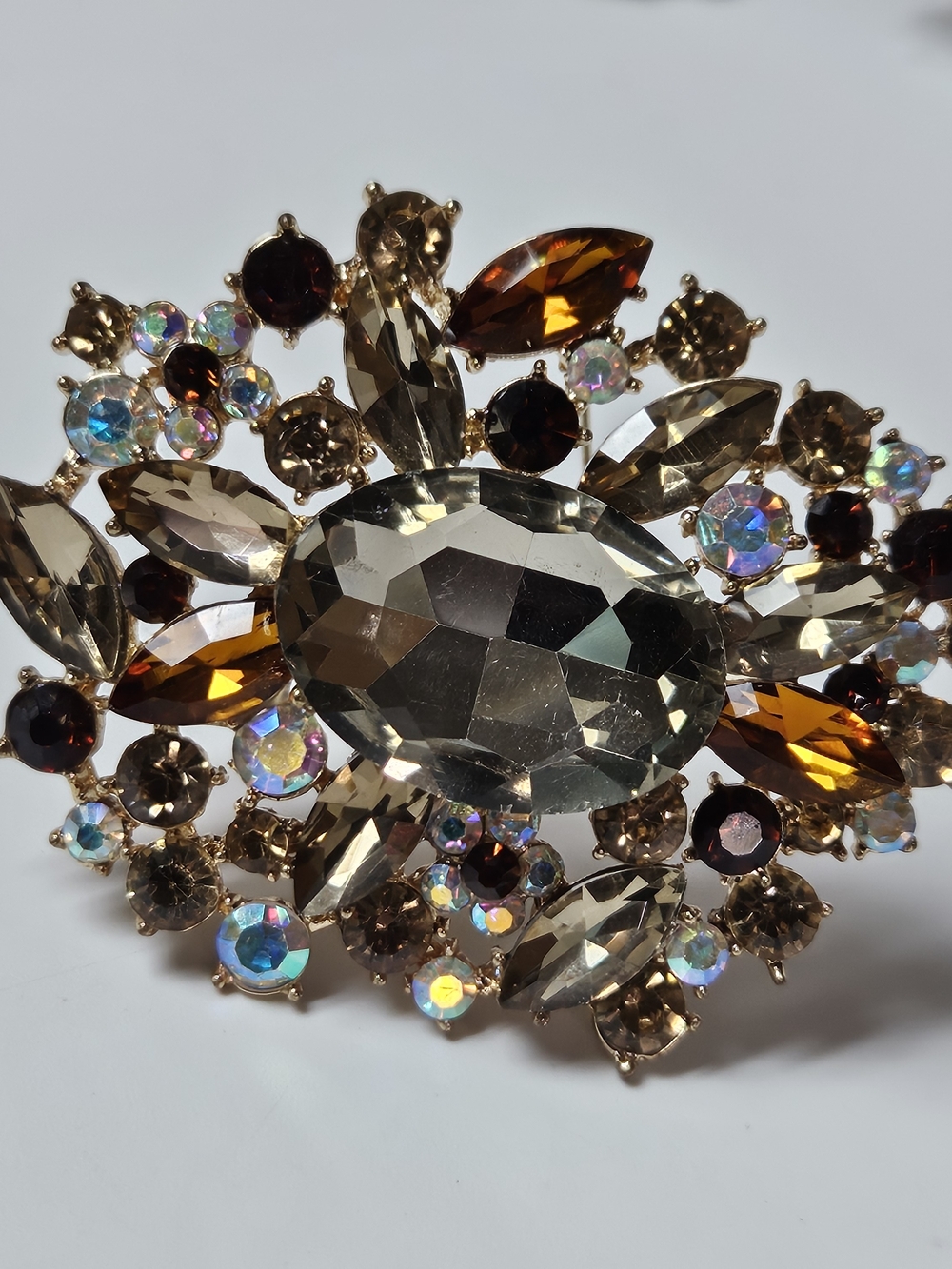 Large Brown and Amber Crystal AB Brooch - Elegant Statement Pin